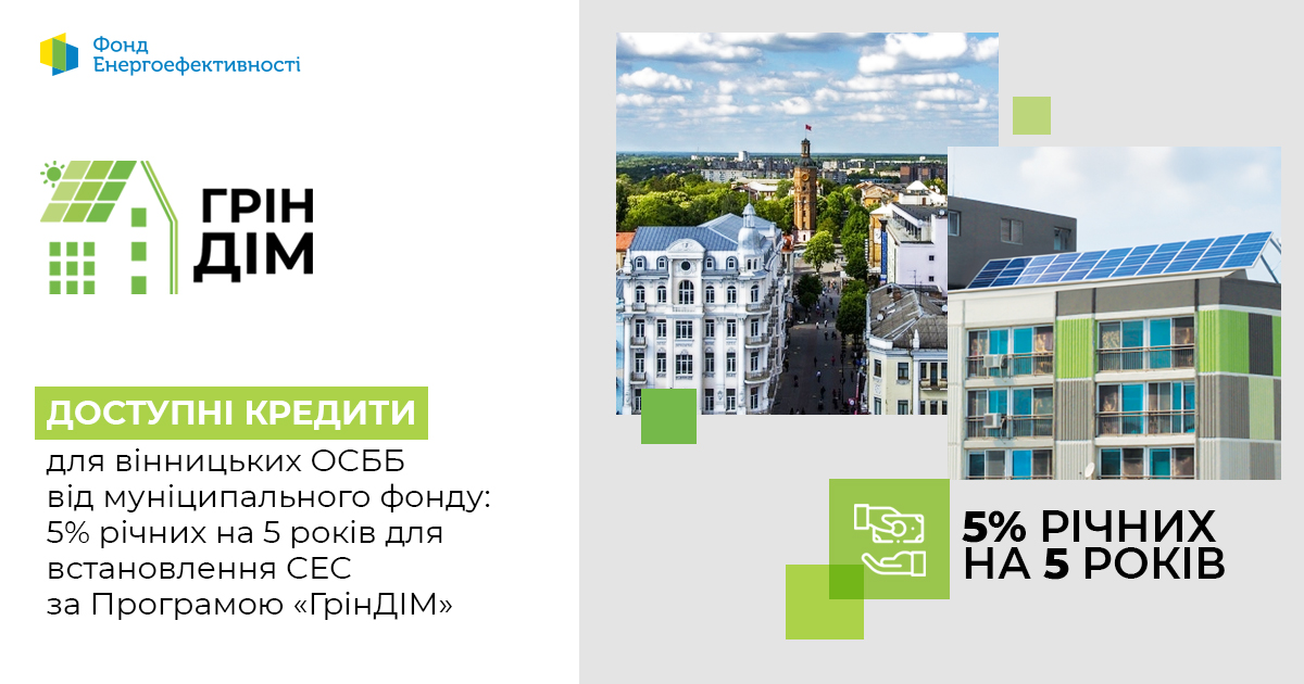 5% річних на 5 років для встановлення сонячних електростанцій: умови муніципального кредитування вінницьких ОСББ, які приєдналися до Програми «ГрінДім»